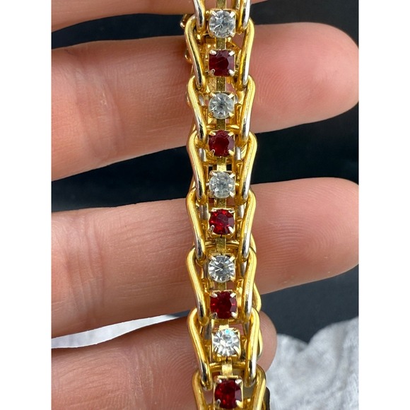 Gold Tone Rhinestone Bracelet Red White‎ 7" - Picture 2 of 8